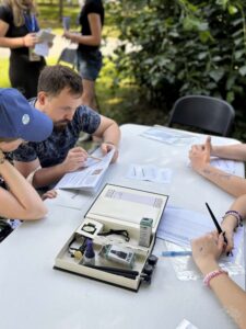 Opis wygenerowany automatycznie: Ludzie siedzą przy stole, otoczeni papierami i długopisami, skupieni na pracy lub dyskusji.